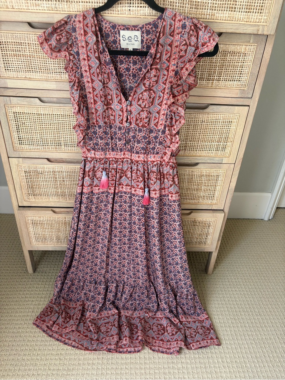 Sea New York Pink and teal Printed Ruffle Maxi Dress